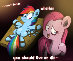Size: 1678x1400 | Tagged: safe, artist:slitherpon, character:pinkamena diane pie, character:pinkie pie, character:rainbow dash, fanfic:cupcakes, bondage, bound, i can't decide, immatoonlink, parody, scissor sisters, table, we're going for a ride