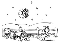 Size: 1472x1088 | Tagged: safe, artist:snapai, character:apple bloom, character:applejack, black and white, farm, fence, grayscale, lasso, mare in the moon, monochrome, moon, rope, tired