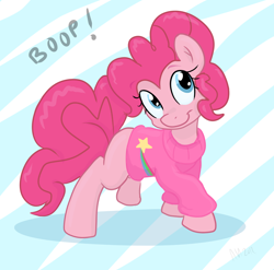 Size: 1064x1053 | Tagged: safe, artist:pippy, character:pinkie pie, species:earth pony, species:pony, boop, clothing, cosplay, costume, crossover, cute, diapinkes, female, gravity falls, mabel pines, mare, pinkiepieskitchen, solo, sweater
