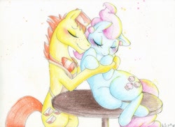 Size: 1053x765 | Tagged: safe, artist:prettypinkpony, character:carrot cake, character:cup cake, ship:carrot cup, blushing, eyes closed, female, hug, love, male, shipping, smiling, snuggling, straight, table, the cakes, traditional art