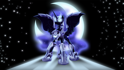 Size: 1920x1080 | Tagged: safe, artist:zedrin, character:nightmare moon, character:princess luna, armor, backlighting, female, glowing eyes, moon, solo, wallpaper, warrior luna