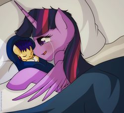Size: 744x682 | Tagged: safe, artist:hikariviny, character:twilight sparkle, character:twilight sparkle (alicorn), oc, oc:starry gleam, parent:flash sentry, parent:twilight sparkle, parents:flashlight, species:alicorn, species:pony, baby, baby pony, bed, birth, blanket, colt, crying, cute, female, foal, hug, male, mama twilight, mare, messy mane, offspring, pillow, sleeping, smiling, tears of joy