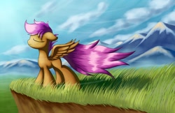 Size: 1700x1100 | Tagged: safe, artist:grennadder, character:scootaloo, species:pegasus, species:pony, cliff, eyes closed, female, mountain, solo, windswept tail