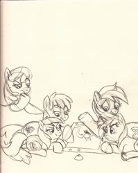 Size: 2512x3148 | Tagged: safe, artist:enigmaticfrustration, character:berry punch, character:berryshine, character:cheerilee, character:minuette, character:piña colada, character:ruby pinch, family, female, lesbian, shipping, traditional art