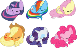 Size: 3000x1868 | Tagged: safe, artist:doctor-g, character:applejack, character:fluttershy, character:pinkie pie, character:rainbow dash, character:rarity, character:twilight sparkle, curled up, cute, eyes closed, eyeshadow, mane six, prone, simple background, sleeping, smiling, transparent background, vector, weapons-grade cute
