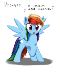 Size: 900x1100 | Tagged: safe, artist:sokolas, character:rainbow dash, species:pegasus, species:pony, blushing, cyrillic, embarrassed, female, looking at you, measuring, russian, solo, surprised, translated in the comments, wingboner