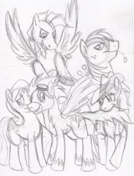 Size: 2392x3128 | Tagged: safe, artist:enigmaticfrustration, character:big mcintosh, character:braeburn, character:caramel, character:soarin', oc, oc:charger, species:earth pony, species:pony, male, monochrome, palindrome get, shadowbolts, stallion, traditional art, wonderbolts
