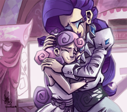 Size: 800x705 | Tagged: safe, artist:theartrix, character:rarity, character:sweetie belle, species:human, episode:sisterhooves social, g4, my little pony: friendship is magic, carousel boutique, crying, embrace, feels, forgiveness, hug, humanized, light skin, scene interpretation, sisters, sweetielove