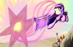 Size: 1700x1100 | Tagged: safe, artist:grennadder, character:twilight sparkle, character:twilight sparkle (alicorn), species:alicorn, species:pony, canterlot, female, flying, looking back, magic, mare, new crown, open mouth, smiling, solo, sonic xboom, spread wings, twilight starburst, wings