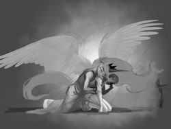 Size: 960x720 | Tagged: safe, artist:hattonslayden, character:princess luna, species:anthro, species:human, comforting, crying, hug from behind, monochrome