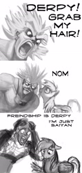 Size: 1100x2316 | Tagged: safe, artist:hattonslayden, character:derpy hooves, species:pegasus, species:pony, broly, dragon ball z, female, grab my meme, mare, me gusta, meme, monochrome, nom