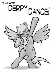 Size: 612x792 | Tagged: safe, artist:hattonslayden, character:derpy hooves, species:pony, bipedal, dancing, eyes closed, female, monochrome, solo, tongue out