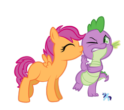 Size: 900x800 | Tagged: dead source, safe, artist:sugguk, character:scootaloo, character:spike, species:pegasus, species:pony, ship:scootaspike, female, kissing, male, shipping, simple background, straight, transparent background