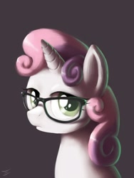 Size: 1200x1600 | Tagged: dead source, safe, artist:swaetshrit, character:sweetie belle, species:pony, species:unicorn, bust, female, filly, glasses, gray background, hipster, looking at you, paint tool sai, portrait, simple background, solo