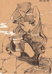 Size: 410x588 | Tagged: safe, artist:mi-eau, character:rarity, species:pony, species:unicorn, beatnik rarity, beret, clothing, coffee, drink, female, hat, mare, monochrome, sitting, solo, traditional art