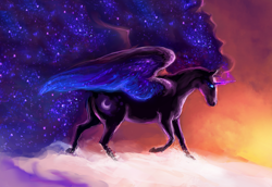 Size: 1280x883 | Tagged: safe, artist:elkaart, character:nightmare moon, character:princess luna, cloud, cloudy, female, glowing eyes, long mane, long tail, realistic, solo, twilight (astronomy)