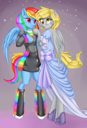 Size: 1768x2600 | Tagged: safe, artist:misukitty, character:derpy hooves, character:rainbow dash, species:pony, bipedal, clothing, dress, semi-anthro