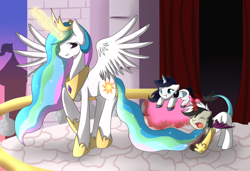 Size: 1500x1024 | Tagged: safe, artist:hikariviny, character:princess celestia, oc, oc:chaotic, oc:harmony (hikariviny), parent:discord, parent:princess celestia, parents:dislestia, species:alicorn, species:chimera, species:pony, :t, balcony, brother and sister, castle, cloud, cotton candy, cotton candy cloud, cute, fangs, female, floppy ears, food, hybrid, interspecies offspring, like mother like daughter, like mother like son, looking back, magic, male, mother and daughter, mother and son, offspring, open mouth, pouting, raised hoof, smiling, spread wings, stretch, stretching, wings