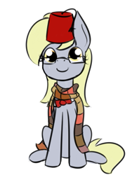 Size: 435x579 | Tagged: safe, artist:lilliesinthegarden, character:derpy hooves, species:pegasus, species:pony, accessory swap, adorkable, bow tie, clothing, cute, derpabetes, doctor who, dork, female, fez, glasses, hat, implied doctor whooves, looking at you, mare, request, scarf, sitting, smiling, solo