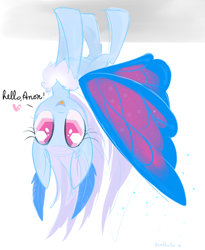 Size: 2460x3000 | Tagged: safe, artist:meekcheep, oc, oc only, species:mothpony, dialogue, looking at you, original species, solo, upside down