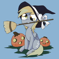 Size: 550x550 | Tagged: safe, artist:alfa995, character:derpy hooves, species:pegasus, species:pony, broom, clothing, cute, derpabetes, female, halloween, hat, jack-o-lantern, mare, mouth hold, pumpkin, simple background, sitting, smiling, solo, witch, witch hat