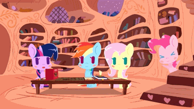 Size: 384x216 | Tagged: safe, artist:omegaozone, character:fluttershy, character:pinkie pie, character:rainbow dash, character:twilight sparkle, animated, book, dungeon master, dungeons and dragons, female, frame by frame, golden oaks library, parody, pointy ponies, ponies: the anthology 3, table
