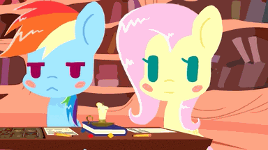 Size: 384x216 | Tagged: safe, artist:omegaozone, character:fluttershy, character:pinkie pie, character:rainbow dash, character:twilight sparkle, animated, book, candle, dungeon master, dungeons and dragons, female, frame by frame, golden oaks library, parody, ponies: the anthology 3, table