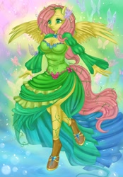 Size: 600x862 | Tagged: dead source, safe, artist:misukitty, character:fluttershy, species:anthro, species:unguligrade anthro, breasts, busty fluttershy, butterfly, cleavage, clothing, dress, female, hooves, solo