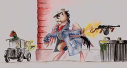 Size: 1200x645 | Tagged: safe, artist:adeptus-monitus, oc, oc only, oc:arny nilson, car, gangsters, tommy gun, traditional art, watercolor painting