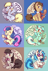 Size: 1000x1494 | Tagged: safe, artist:mi-eau, character:bon bon, character:derpy hooves, character:dj pon-3, character:doctor whooves, character:lyra heartstrings, character:octavia melody, character:sweetie drops, character:time turner, character:vinyl scratch, species:earth pony, species:pegasus, species:pony, species:unicorn, background six, female, male, mare, stallion, wub
