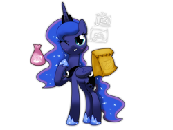 Size: 2000x1500 | Tagged: safe, artist:hoyeechun, character:princess luna, female, paper bag, snacks, solo, wink