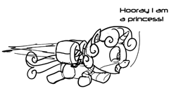 Size: 960x512 | Tagged: safe, artist:snapai, character:sweetie belle, species:alicorn, species:pony, species:unicorn, sweetie bot, alicornified, black and white, comic, female, filly, flying, foal, grayscale, hooves, horn, jet engine, jetpack, monochrome, open mouth, race swap, robot, simple background, solo, sweetiecorn, text, white background, xk-class end-of-the-world scenario