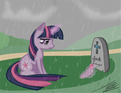 Size: 1111x857 | Tagged: safe, artist:sierraex, character:spike, character:twilight sparkle, character:twilight sparkle (unicorn), species:pony, species:unicorn, abuse, crying, female, flower, funeral, grave, gravestone, implied death, magic, mare, rain, sad, sitting, spikeabuse