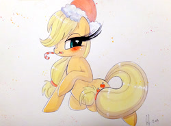 Size: 1301x955 | Tagged: safe, artist:prettypinkpony, character:applejack, bedroom eyes, big curvy eyelashes, candy cane, christmas, clothing, female, hat, mouth hold, santa hat, solo