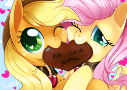 Size: 1637x1157 | Tagged: safe, artist:si1vr, character:applejack, character:fluttershy, ship:appleshy, collar, cute, female, heart, lesbian, looking at you, note, shipping