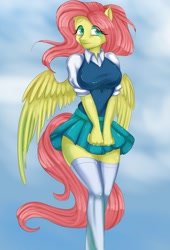 Size: 600x881 | Tagged: dead source, safe, artist:misukitty, character:fluttershy, species:anthro, breasts, busty fluttershy, clothing, female, skirt, solo