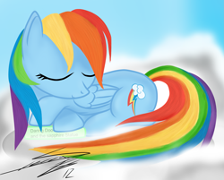 Size: 2761x2216 | Tagged: safe, artist:sierraex, character:rainbow dash, species:pegasus, species:pony, g4, book, cloud, cloudy, cutie mark, eyes closed, female, high res, hooves, lying on a cloud, mare, on a cloud, prone, sleeping, solo, wings