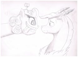 Size: 1024x745 | Tagged: safe, artist:alphamonouryuuken, character:screwball, oc, oc:prince illusion, parent:discord, parent:princess celestia, parents:dislestia, hybrid, interspecies offspring, monochrome, not creepy, offspring, pencil drawing, siblings, tongue out, traditional art
