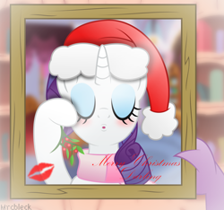 Size: 3728x3491 | Tagged: safe, artist:mrcbleck, character:rarity, character:spike, species:pony, species:unicorn, ship:sparity, christmas, clothing, eyes closed, female, frame, hat, holiday, kiss mark, male, mistleholly, mistletoe, o-face, picture, santa hat, shipping, straight