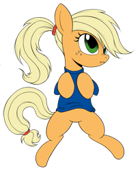 Size: 821x1000 | Tagged: safe, artist:kas92, artist:xn-d, edit, character:applejack, alternate hairstyle, bottomless, clothing, colored, derp, female, nose wrinkle, on back, ponytail, scrunchy face, shirt, simple background, solo