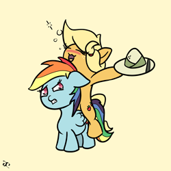 Size: 3000x3000 | Tagged: safe, artist:doggonepony, character:applejack, character:rainbow dash, clothing, drunk, drunk aj, hat, high res, pith helmet, ponies riding ponies, riding