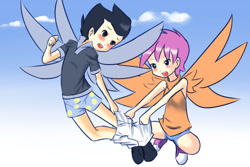 Size: 1440x960 | Tagged: safe, artist:drantyno, character:rumble, character:scootaloo, species:human, species:pegasus, ship:rumbloo, g4, assisted exposure, blue underwear, blushing, boxers, clothing, embarrassed, female, flying, humanized, light skin, male, pantsing, shipping, shorts, straight, underwear, undressing, winged humanization