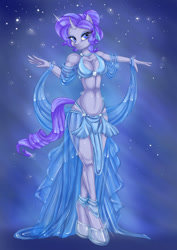 Size: 600x848 | Tagged: dead source, safe, artist:misukitty, character:rarity, species:anthro, species:unguligrade anthro, belly dancer, bra, breasts, busty rarity, cleavage, clothing, crystal rarity, crystallized, female, glass slipper, hooves, loincloth, midriff, sash, see-through, skirt, solo, underwear
