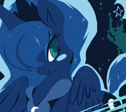 Size: 900x800 | Tagged: safe, artist:clockworkquartet, character:princess luna, species:alicorn, species:pony, blushing, canterlot, crescent moon, ethereal mane, female, galaxy mane, looking at you, mare, moon, night, night sky, sky, smiling, solo, starry night, stars, wings