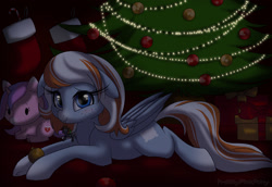 Size: 1186x814 | Tagged: safe, artist:prettypinkpony, oc, oc only, oc:cozy cotton, oc:hearts desire, species:pegasus, species:pony, christmas, cute, female, freckles, mouth hold, plushie, prone, solo