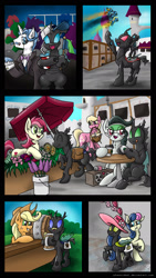 Size: 1080x1920 | Tagged: safe, artist:jorobro, character:applejack, character:bon bon, character:fancypants, character:lily, character:lily valley, character:roseluck, character:soarin', character:spitfire, character:sweetie drops, species:changeling, cheeselegs, cider, clothing, comic, cute, cutie mark, flower, friendship, hat, heartwarming, integration, nymph, peace, saddle bag, sticky note, wonderbolts