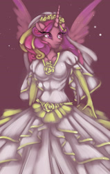 Size: 1657x2599 | Tagged: safe, artist:misukitty, character:princess cadance, species:anthro, breasts, clothing, dress, female, solo, wedding dress