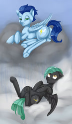 Size: 1520x2629 | Tagged: safe, artist:misukitty, character:soarin', character:thunderlane, gay, implied shipping, legs in air, male, on back, on side, prone, rain, shipping, soarilane, underhoof, wet, wet mane