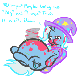 Size: 1280x1280 | Tagged: safe, artist:fatbelliedlyramod, artist:zeldafan777, character:trixie, species:pony, species:unicorn, burp, chubby cheeks, dialogue, fat, female, mare, pie, simple background, solo, stomach noise, stuffed, the great and bountiful trixie, weight gain, what were you thinking, white background
