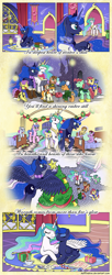 Size: 1200x2942 | Tagged: safe, artist:muffinshire, character:princess celestia, character:princess luna, character:tag-a-long, character:thin mint, oc, boots, caroling, clothing, comic, filly guides, glasses, hearth's warming, hospital, muffinshire is trying to murder us, scarf, tag-a-long, thin mint